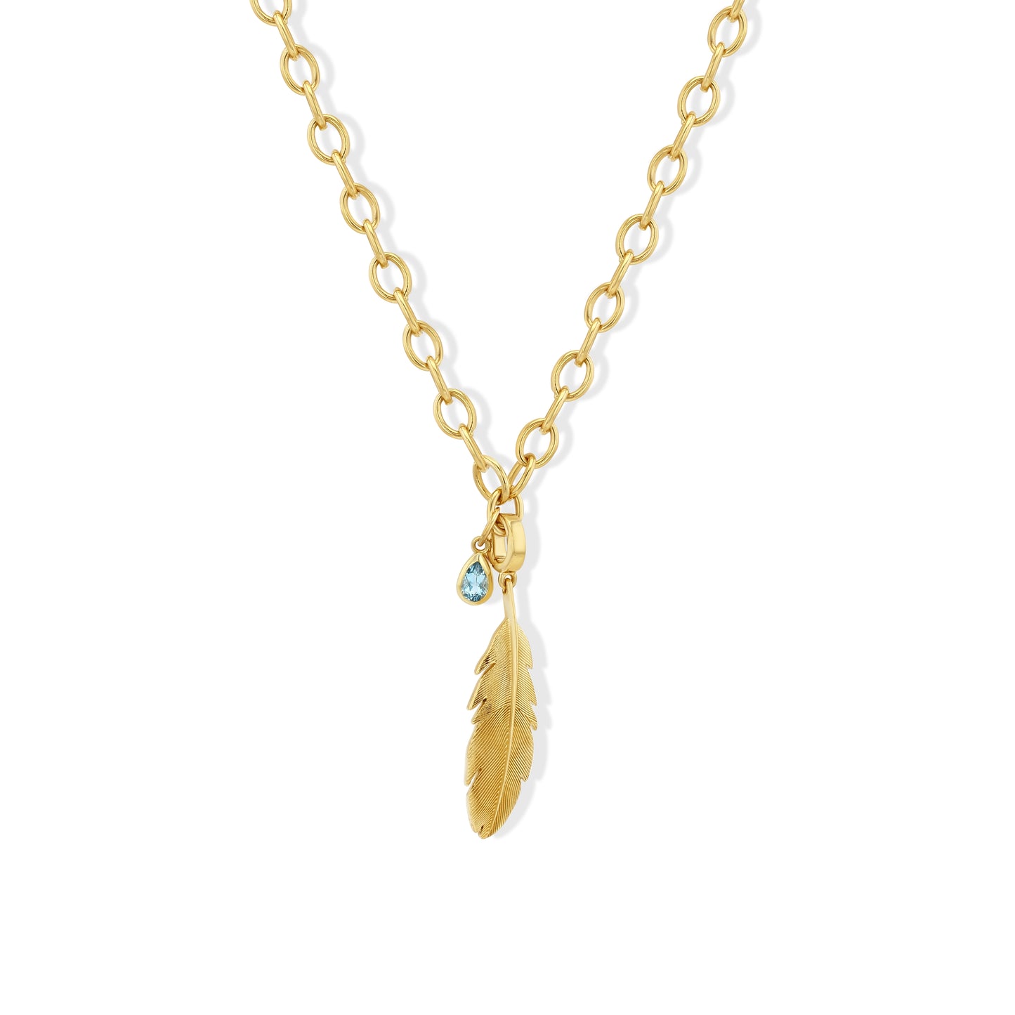 Gold Feather and Aquamarine Necklace