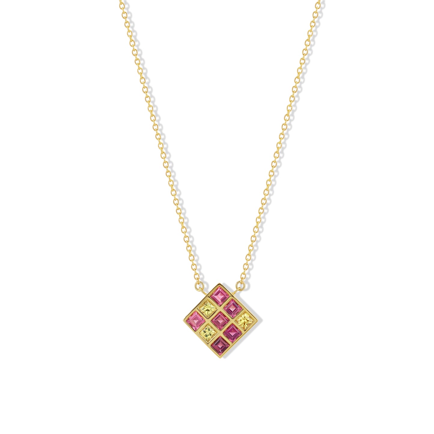 Pink Tourmaline and Yellow Sapphire Squares Necklace