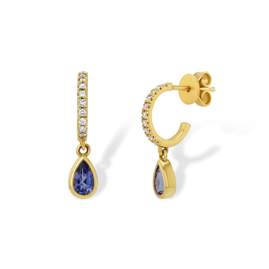 Diamond and Tanzanite Pear Huggie Earrings