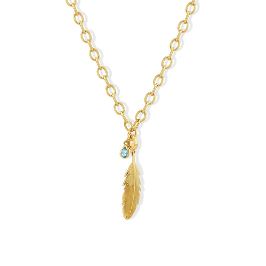 Gold Feather and Aquamarine Necklace