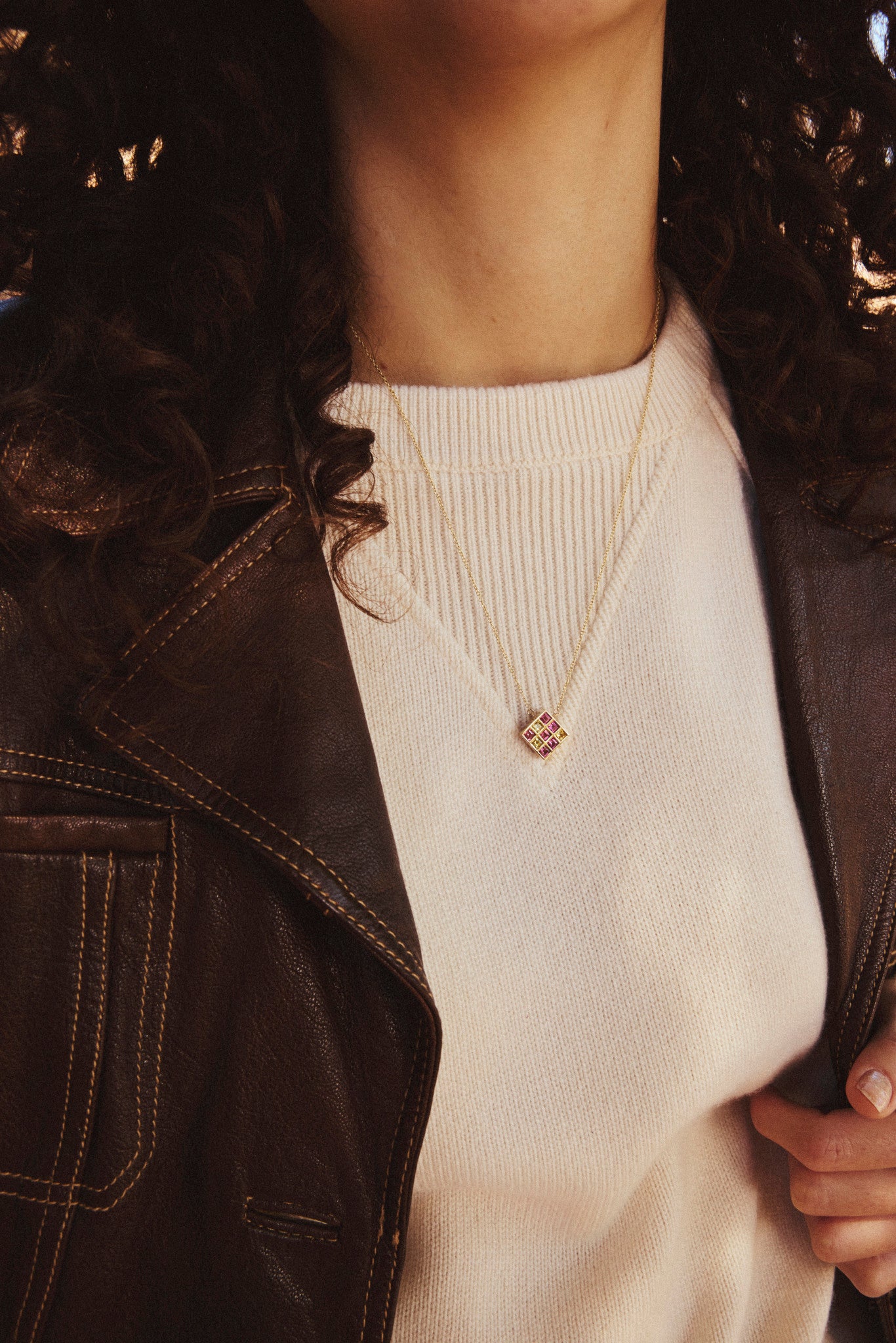 Pink Tourmaline and Yellow Sapphire Squares Necklace