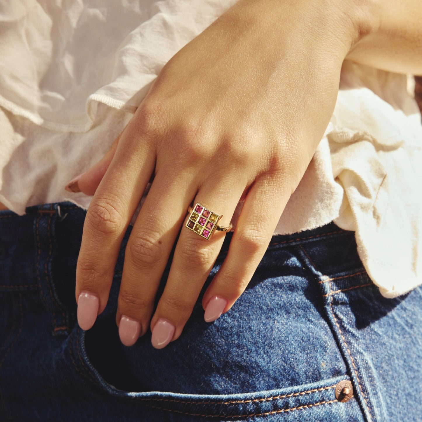 Yellow Sapphire and Pink Tourmaline Squares Ring