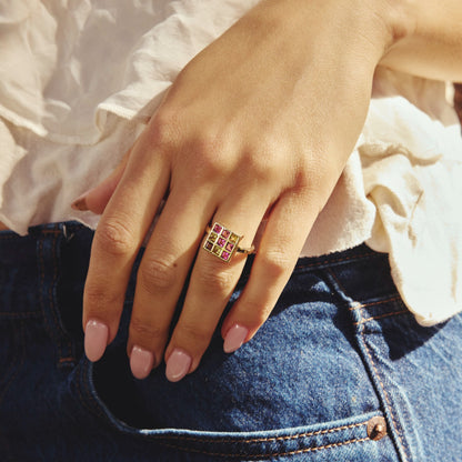 Yellow Sapphire and Pink Tourmaline Squares Ring